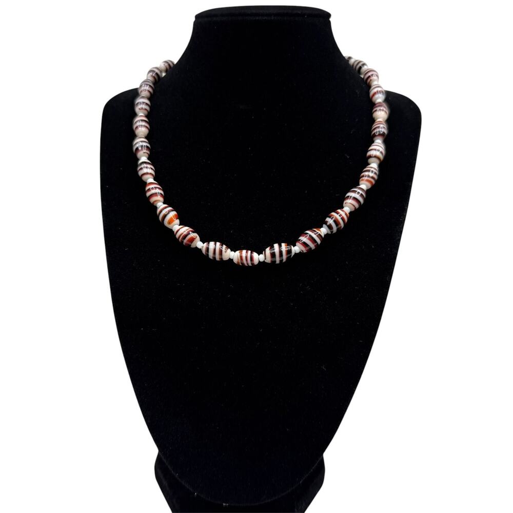 Striped Glass Bead Necklace Barrel Screw Clasp White Brown Orange Fashion 17 in